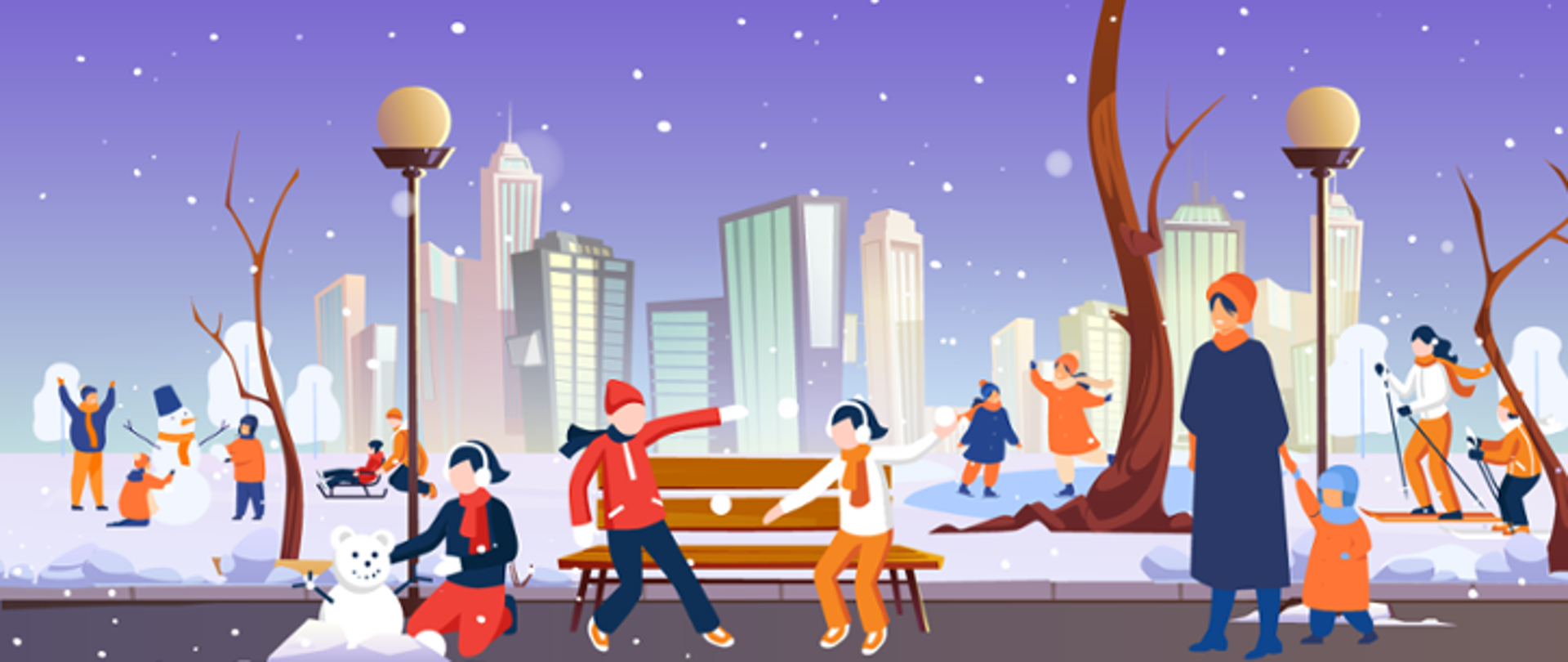 Ilustracja przedstawiająca zimową scenę w miejskim parku. Na pierwszym planie widać ludzi spędzających czas na świeżym powietrzu: dzieci bawiące się śniegiem i lepiące bałwana, osoby siedzące i rozmawiające na ławce, a także dorosłych spacerujących z dzieckiem. W tle znajdują się ośnieżone drzewa, latarnie parkowe oraz sylwetki nowoczesnych wieżowców miasta.