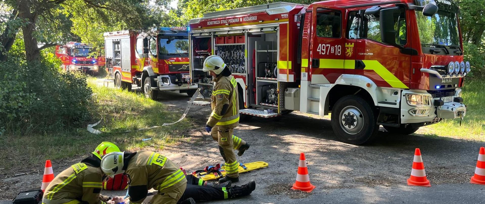 Na leśnej drodze trwa akcja ratownicza strażaków. Na pierwszym planie dwóch ratowników w pełnym umundurowaniu udziela pomocy osobie leżącej na jezdni, obok znajduje się deska ortopedyczna i sprzęt medyczny. W tle stoi kilka czerwonych samochodów pożarniczych z otwartymi skrytkami, a jeden ze strażaków rozwija linię wężową. Miejsce działań jest zabezpieczone pachołkami drogowymi i otoczone gęstymi drzewami.