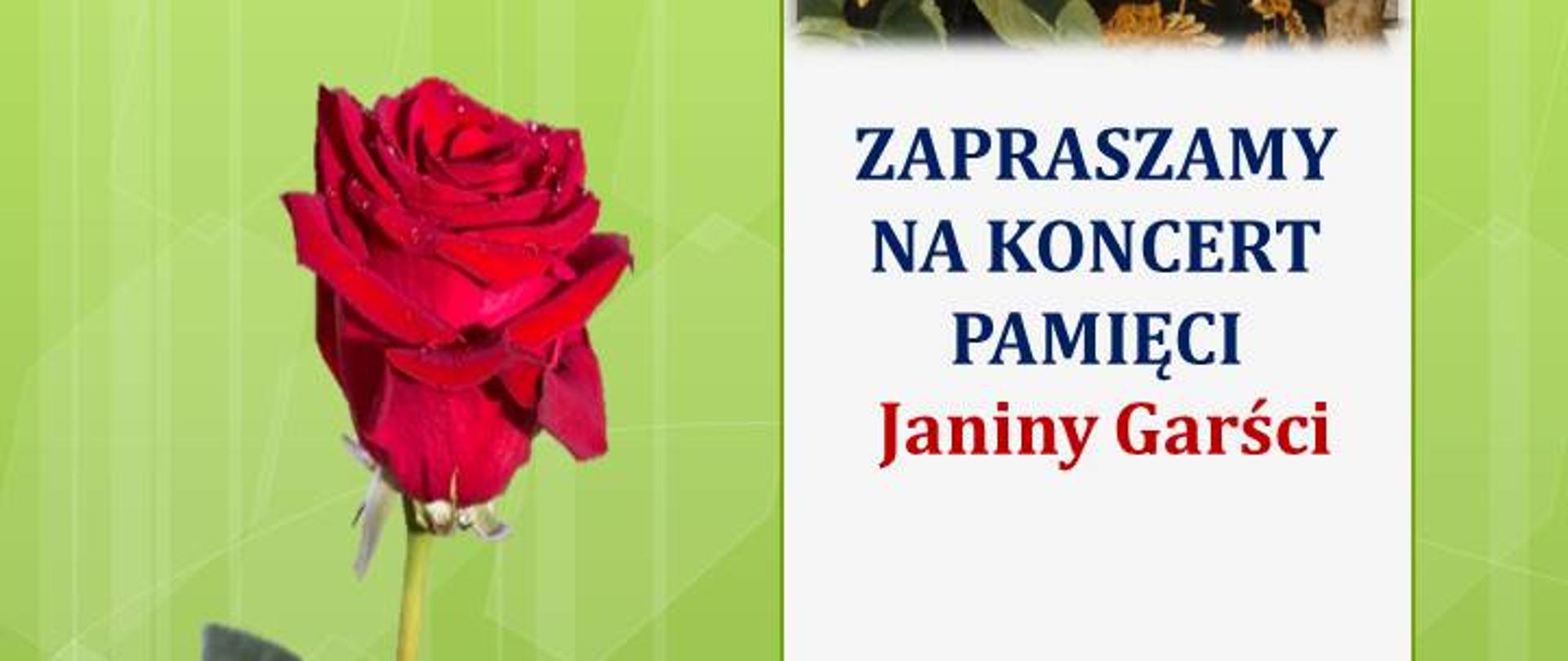 Afisz do Koncertu pamięci Janiny Garści, 25 marca 2024 r godz. 17.00 aula szkoły. Na zielonym tle z prawej strony napis informujący o wydarzeniu, u góry zdjęcie J. Garści, z lewej strony czerwona róża.
