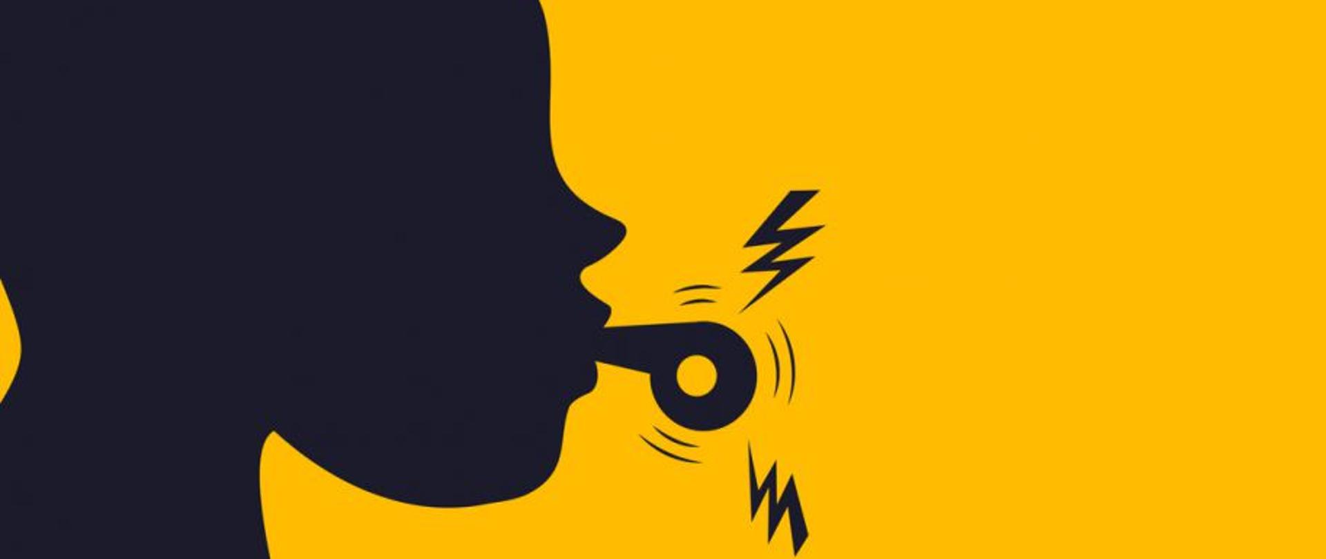 ilustracja przedstawiająca osobę dmuchającą w gwizdek, całość na pomarańczowym tle