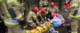 Strażacy PSP i ratownicy medyczni udzielają pomocy poszkodowanemu leżącemu na noszach typu deska 