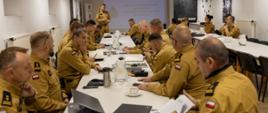 W przestronnej sali konferencyjnej, przy długim stole, zasiadają przedstawiciele kadry kierowniczej Państwowej Straży Pożarnej województwa opolskiego. Ubrani w jednolite mundury służbowe, skupieni uczestnicy narady analizują dokumenty, notują w zeszytach i pracują na laptopach. Na czele sali stoi prowadzący spotkanie – Opolski Komendant Wojewódzki PSP – który omawia kluczowe zagadnienia z wyświetlanej prezentacji. Tło stanowi ekran z tytułem szkolenia oraz minimalistyczna aranżacja wnętrza, ozdobiona czarno-białymi fotografiami. Atmosfera jest profesjonalna i skoncentrowana.