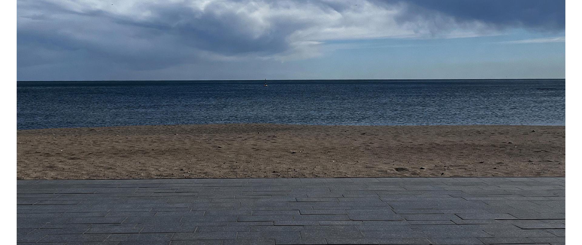 Panoramiczne zdjęcie plaży i morza pod zachmurzonym niebem.