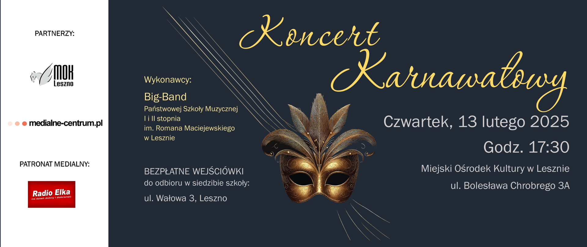 Plakat ze złotą maską oraz białymi i złotymi literami na szarym tle. Po lewej biały panel z logo partnerów.