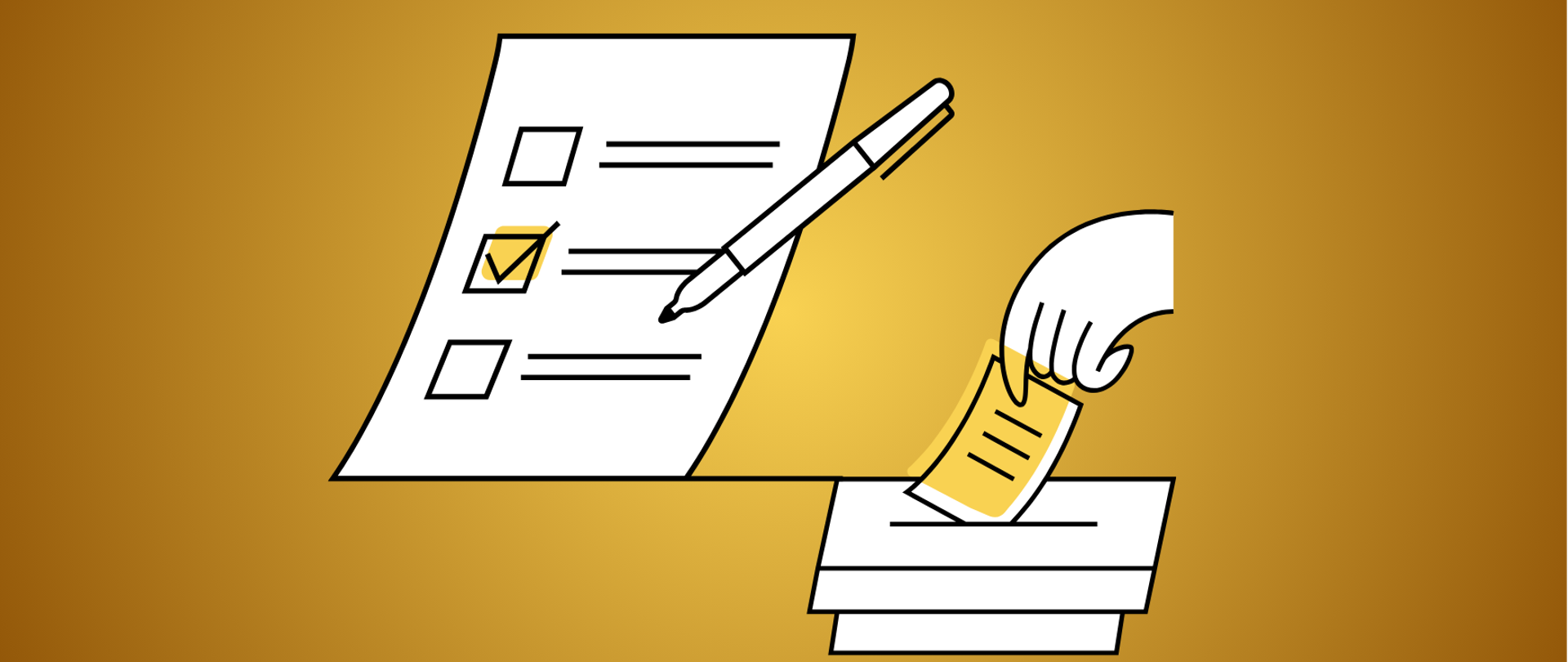 Rysunek karty do głosowania z długopisem oraz dłoni wrzucającej kartę do urny.