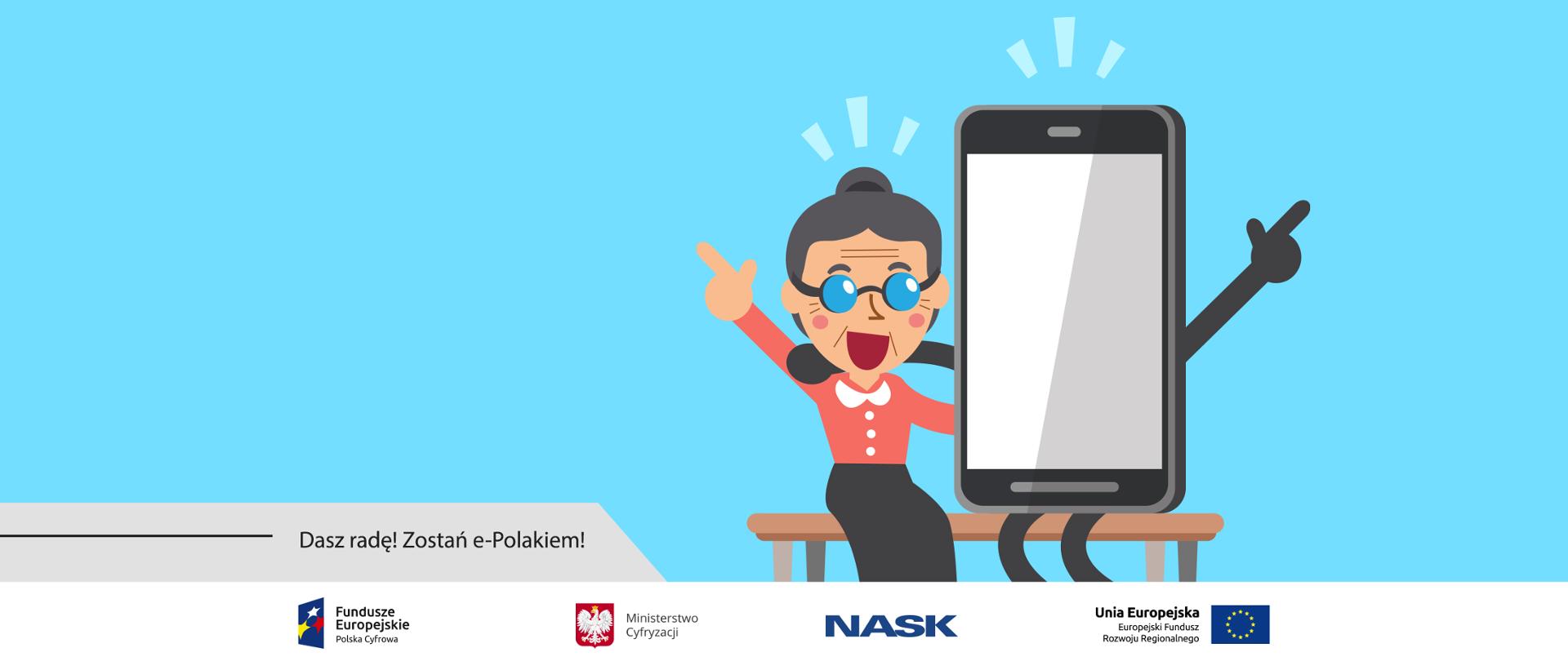 Grafika. Babcia siedząca na ławce z wielkim smartfonem. Obok napis: Dasz radę! Zostań e-Polakiem!