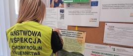 Kobieta inspektor Państwowej Inspekcji Ochrony Roślin i Nasiennictwa w Kielcach z Oddziału w Sandomierzu w odblaskowej kamizelce z logiem Inspekcji na tablicy ogłoszeniowej umieszcza plakat pt. „Zasady Rejestracji upraw ziemniaków i kontrole obrotu ziemniaków w Polsce”