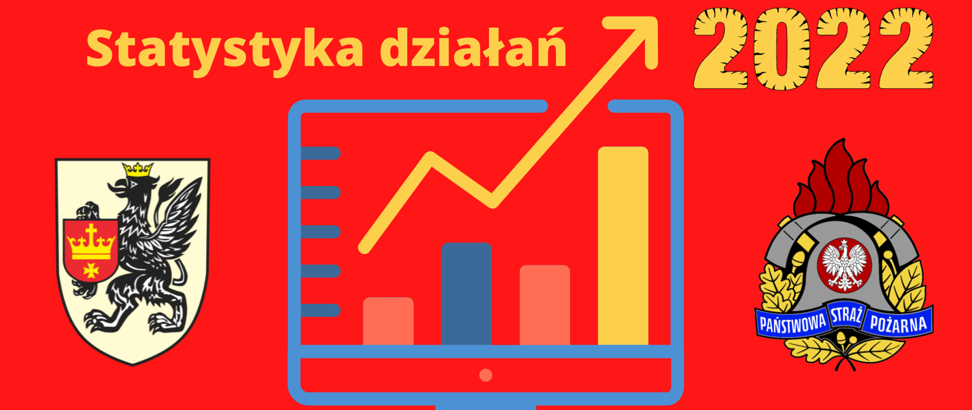 Baner zawierający logo PSP i powiatu starogardzkiego z napisem statystyka działań i 112