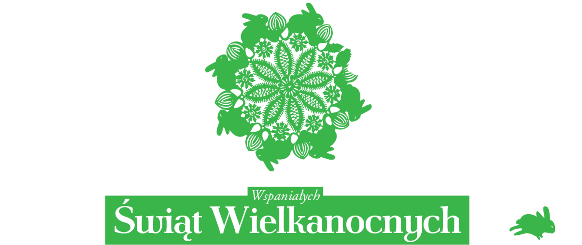 Zielona grafika z formą, która przypomina wycinankę ludową - symetryczną, kolistą, z królikami i formami roślinnymi. Poniżej tekst Wspaniałych Świąt Wielkanocnych