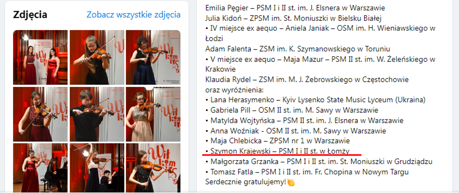 fragment protokołu Jury konkursowego - screen ze strony internetowej. Po lewej stronie miniatury zdjęć uczestników