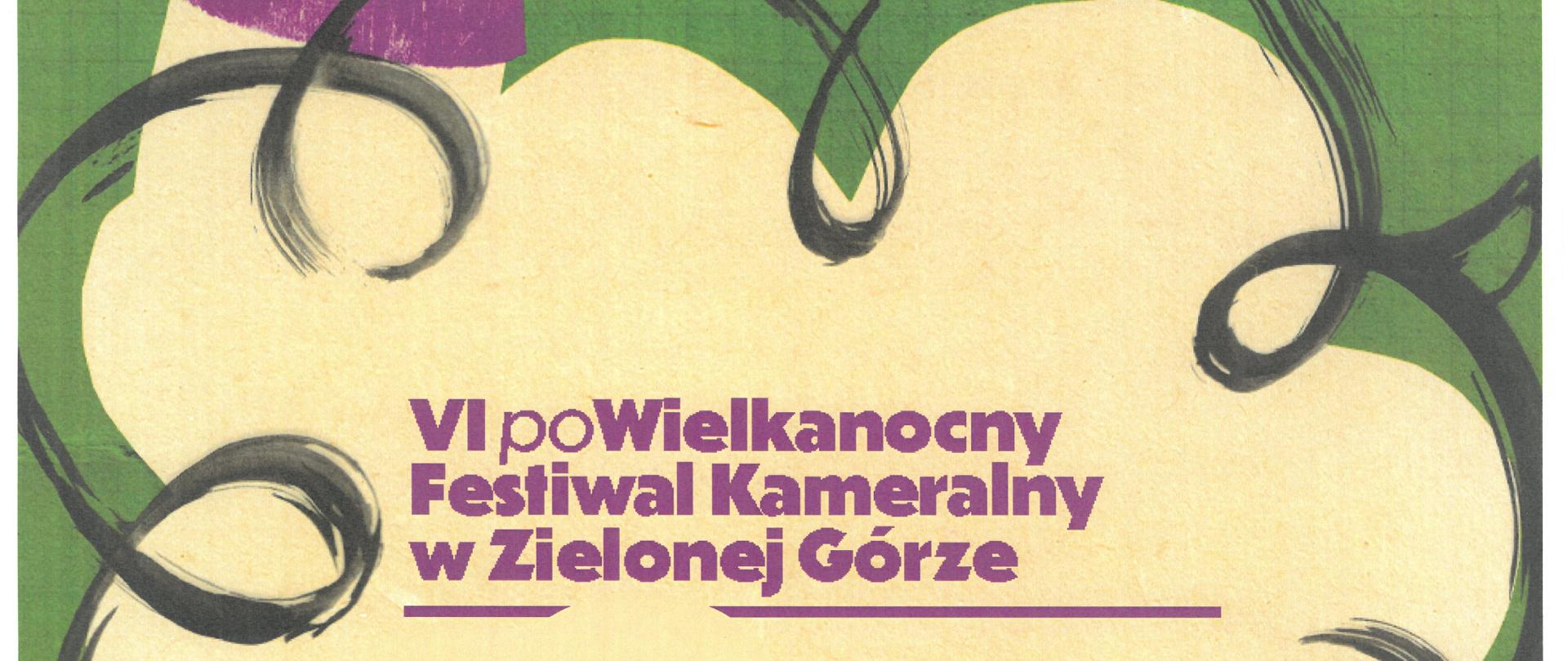 Plakat wydarzenia muzycznego na zielonym tle z ilustracją stylizowanej, jasnej owcy z fioletową obrożą. Wokół niej znajdują się czarne, dekoracyjne linie oraz symbole muzyczne, w tym trąbka i nuty. Na środku plakatu widnieje tekst: „VI poWielkanocny Festiwal Kameralny w Zielonej Górze”. Poniżej informacja o wydarzeniu: „Recital fortepianowy Piotra Pawlaka, 24 kwietnia 2026, godz. 19.00, Sala Koncertowa PSM w Świebodzinie”. Na dole plakatu znajduje się informacja o biletach: „Bilety dostępne na www.spmk.com.pl”
.