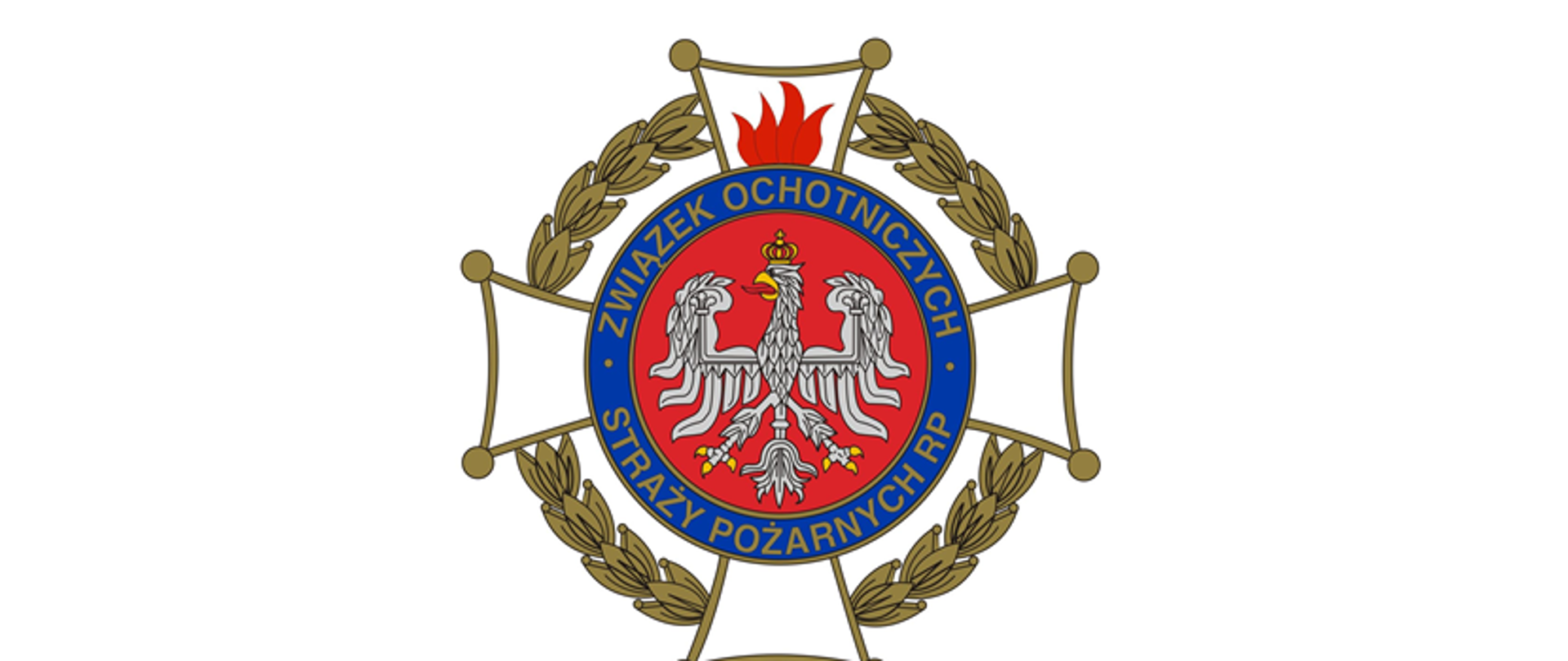 Zdjęcie przedstawia krzyż Związku Ochotniczych Straży Pożarnych. W środku znaku znajduje się biały orzeł w korownie. W jego obwodzie napisany jest napis Związek Ochotniczych Straży Pożarnych RP.