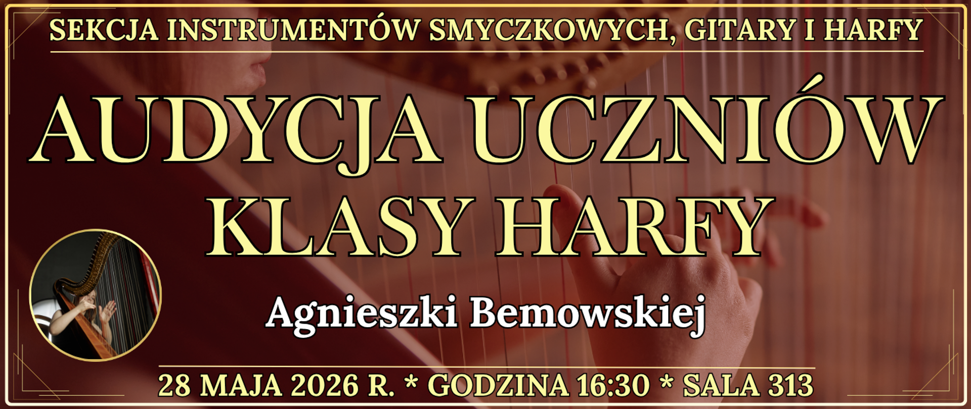 baner w tle osoba grająca na harfie po lewe na dole w kole osoba grająca na harfie oraz informacja o wydarzeniu