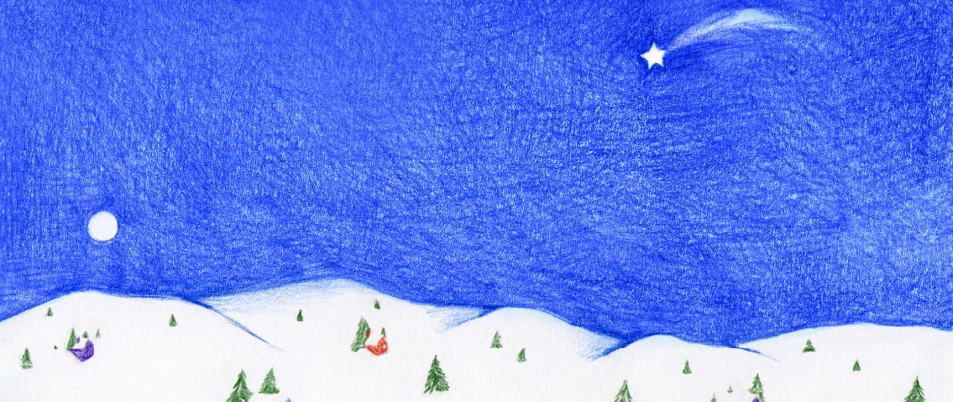 Rysunek kredką: górna część to niebieskie niebo, z gwiazdą z ogonem z prawej strony i okrągłym, niewielkim księżycem z lewej strony; dolna część to białe pagórkowate zbocze, z kolorowymi domkami i zielonymi choinkami