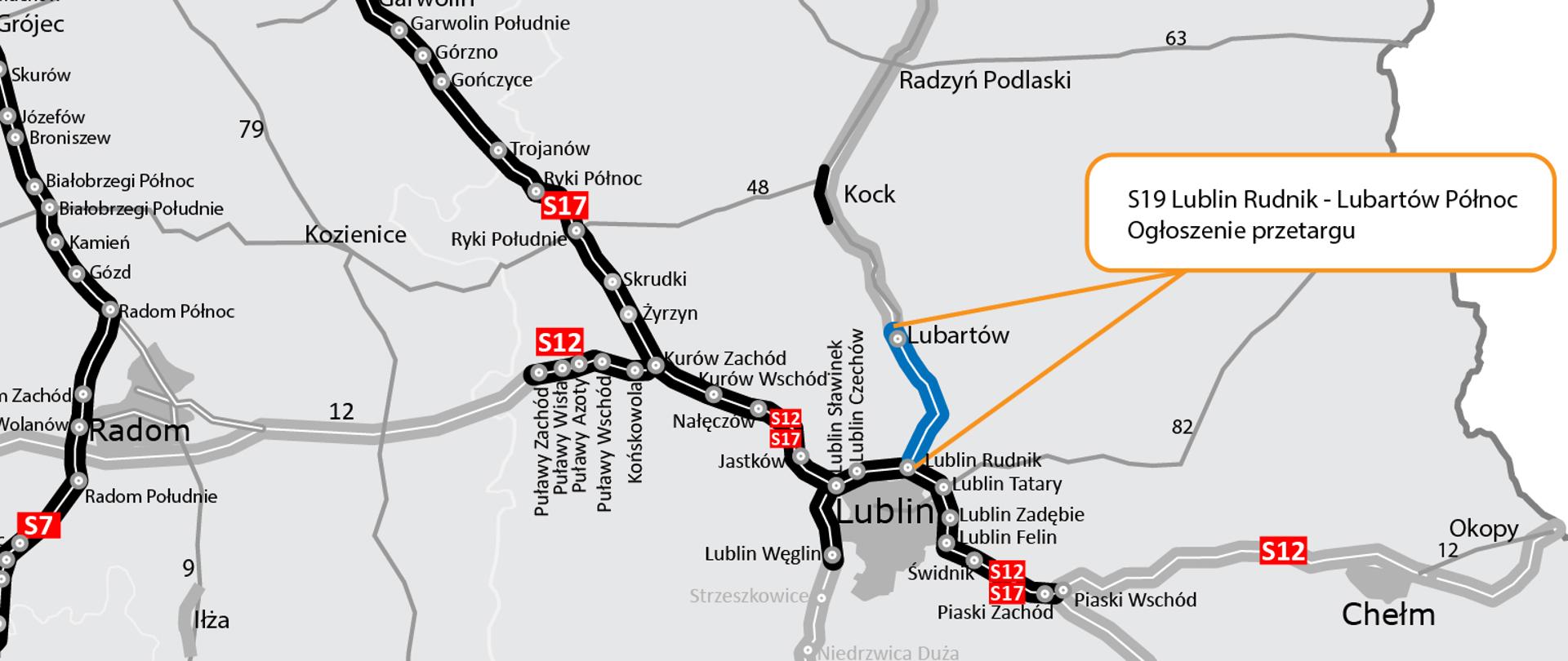 Infografika informuje, że GDDKiA rozpoczyna procedurę przetargową na wyłonienie wykonawcy, który zaprojektuje i wybuduje drogę ekspresową S19 między Lublinem a Lubartowem