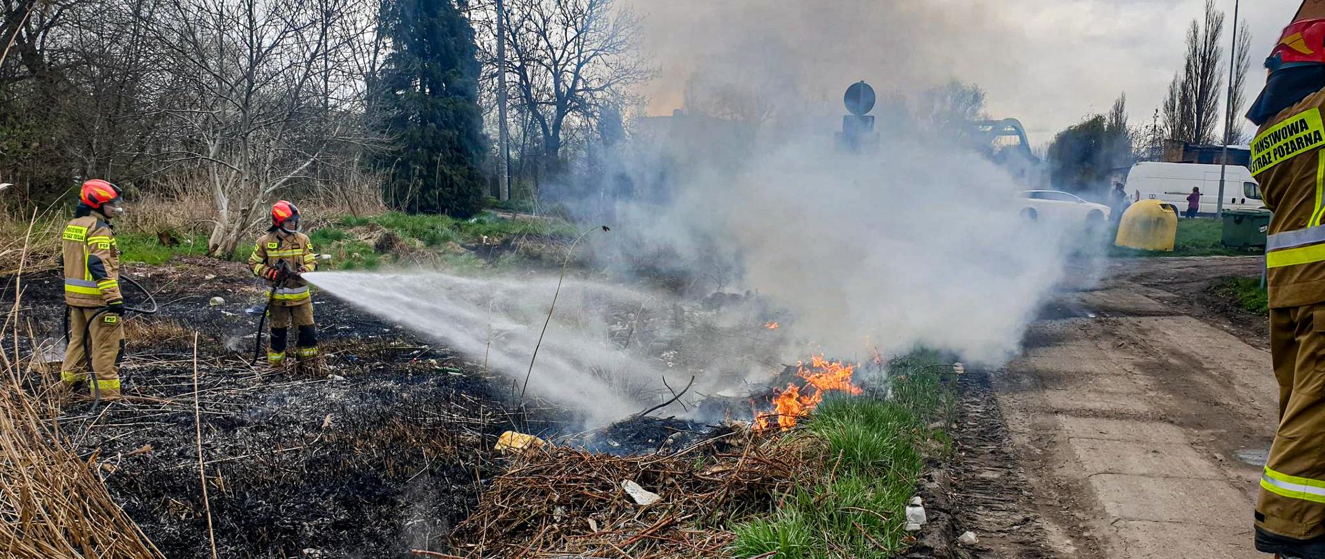 W środkowej części zdjęcia znajduje się ogień z trawy na poboczu drogi, po lewej stronie zdjęcia znajdują się dwaj strażacy podający jeden prąd wody na palącą się trawę, po prawej stronie strażak pobiera sprzęt z pojazdu.