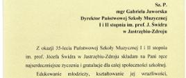 Gratulacje z okazji Jubileuszu 35 - lecia Szkoły
