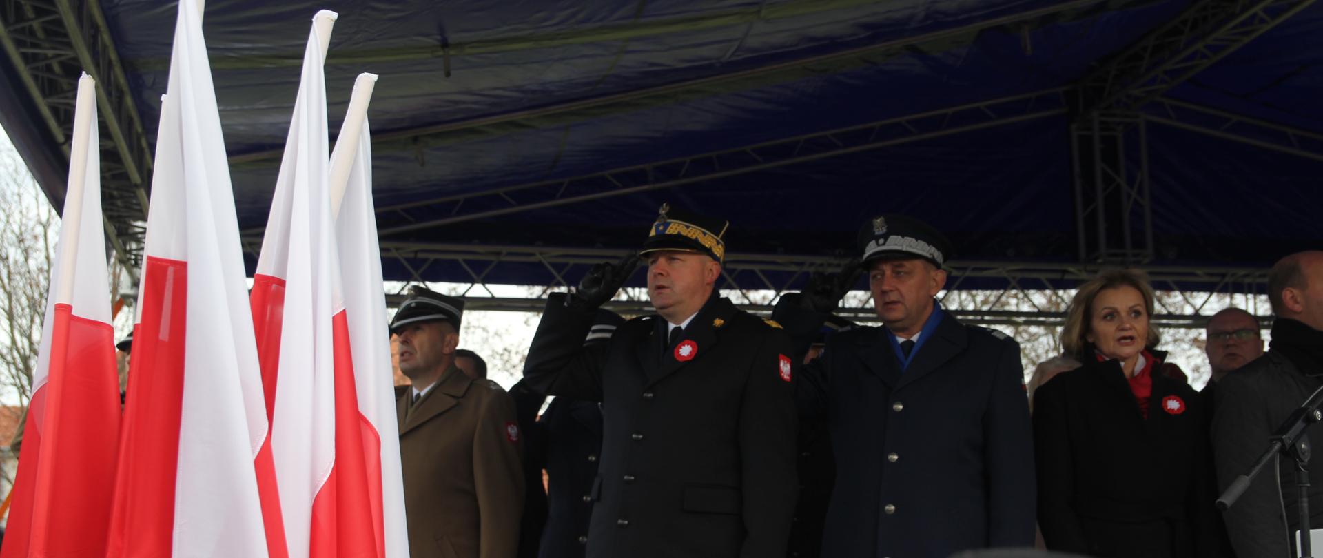 strażak i policjant stoją na baczność i salutuja, w lewym dolnym rogu flaga państwowa