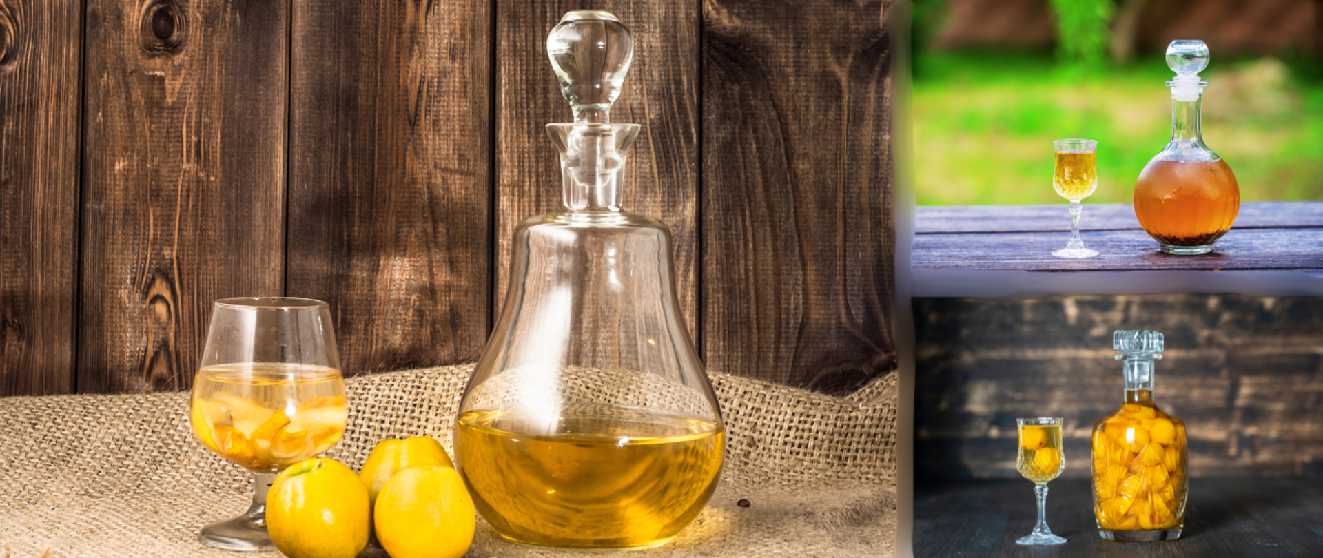 Kolaż z 3 zdjęć. Na każdym z nich widoczna jest nalewka w karafce na drewnianym blacie. Obok również stoi kieliszek wypełniony wspomnianą nalewką, na jednym ze zdjęć widoczne również owoce pigwy.