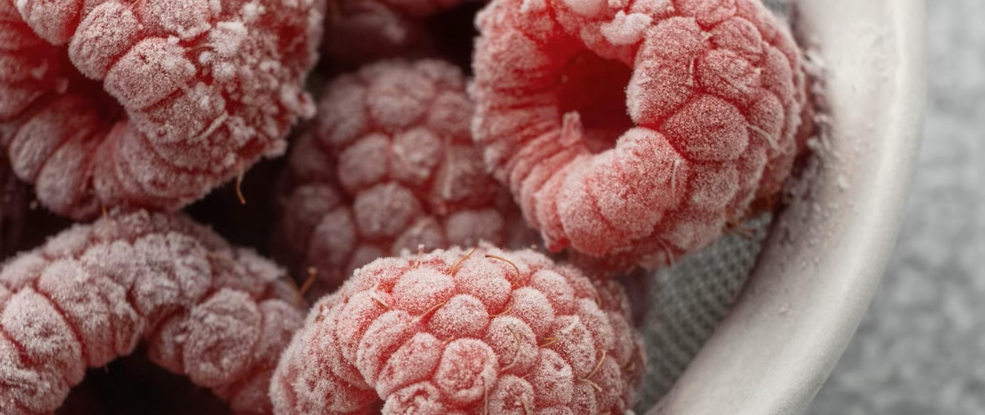 Mrożone maliny w metalowej misce.