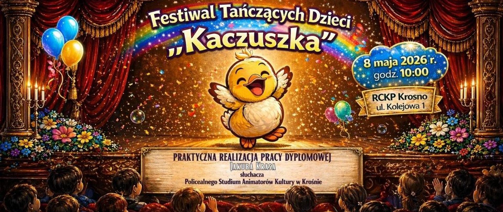 Plakat informujący o pracy dyplomowej Jakuba Krasa. Na górze plakatu na środku napis Festiwal Tańczących Dzieci Kaczuszka. Na środku uśmiechnięta kaczuszka oraz informacje o pracy dyplomowej. Wszystko jest na tle bajecznej sceny i publiczności. 