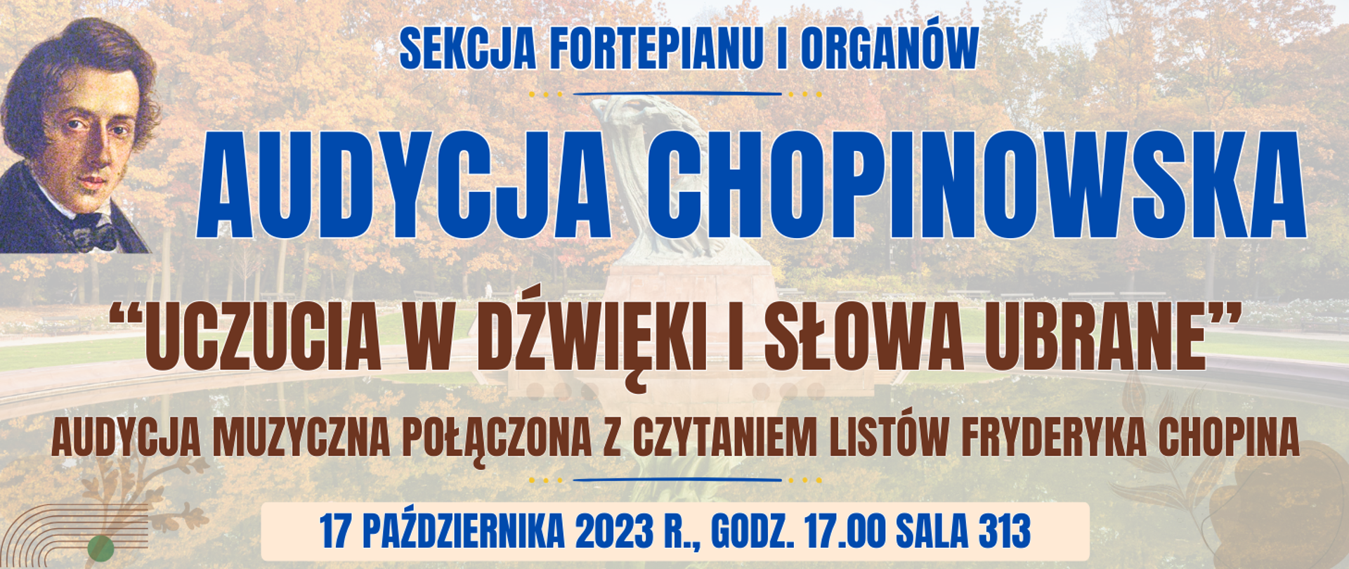 kolorowe tło z widokiem pomnika Chopina i kolorowym otoczeniem oraz informacja o wydarzeniu