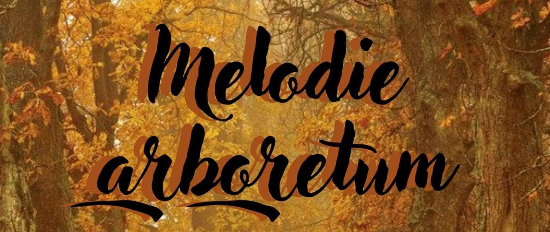 Plakat wydarzenia-dotyczy konkursu Melodie arboretum. Konkurs skierowany jest do uczniów klas I-VI cyklu 6-letniego. Na plakacie znajduje się krótki opis i wymagania konkursowe. Na plakacie znajduje się również zapis, że szczegółowe informacje znajdują się w regulaminie konkursu.