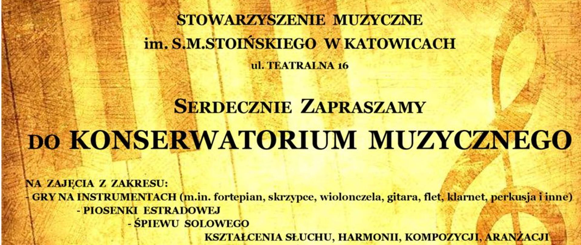 grafika z informacją Serdecznie zapraszamy do Konserwatorium Muzycznego
na zajęcia z zakresu:
- gry na instrumentach (m.inn. fortepian, skrzypce, wiolonczela, gitara, flet, klarnet, perkusja i inne)
- piosenki estradowej
- śpiewu solowego
- kształcenia słuchu, harmoni, kompozycji, aranżacji
Nie przeprowadzamy przesłuchań wstępnych i nie stawiamy ograniczeń wiekowych!
Nauka jest odpłatna
Bliższych informacji udziela sekretariat Stowarzyszenia, pokój nr 8
oraz pod nr telefonu +48 663 011 663
e-mail: konserwatorium@poczta.fm