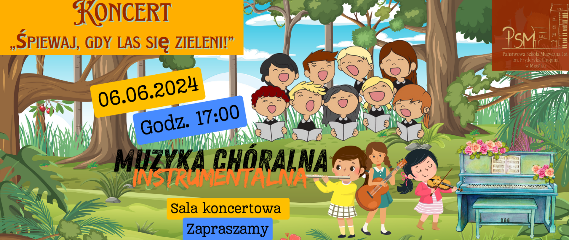 Grafika przedstawia w centralnej części chór dziecięcy oraz trzy dziewczynki grające od lewej na flecie gitarze oraz skrzypcach. W prawym górnym rogu znajduje się logotyp szkoły, w dolnym pianino przystrojone kwiatami. Wszystko to jest na tle leśnej polany.