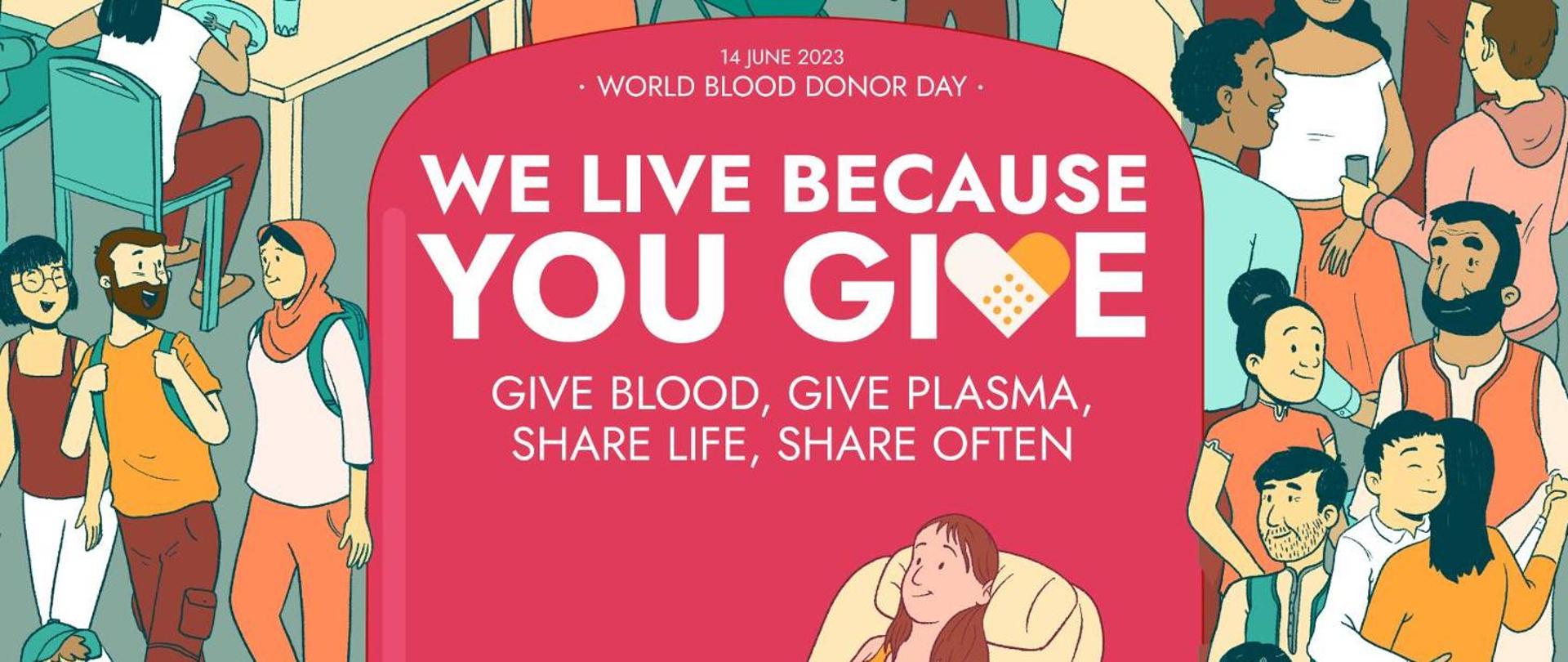 zdjęcie z dużą liczbą osób i czerwonym banerem z napisem " Żyjemy bo dajesz krew"