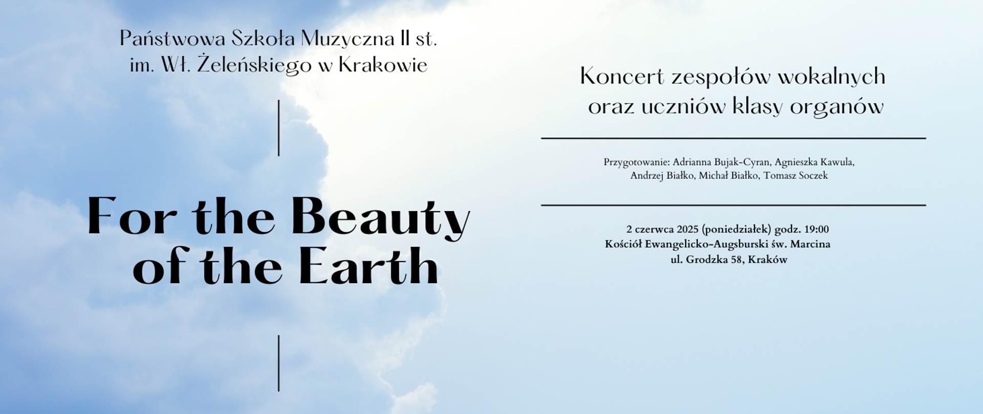 w tle widok nieba i chmur, po lewej stronie czarny napis z tytułem koncertu, po prawej szczegółówe informacje