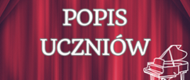 na czerwonym tle imitującym kotarę białe napisy, z prawej u dołu biały rysunek fortepianu