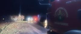Pora nocna. na drodze stoi po prawej stronie (widoczny tylko przód) samochód pożarniczy. W oddali przed nim ratownicy usuwają powalone drzewo.