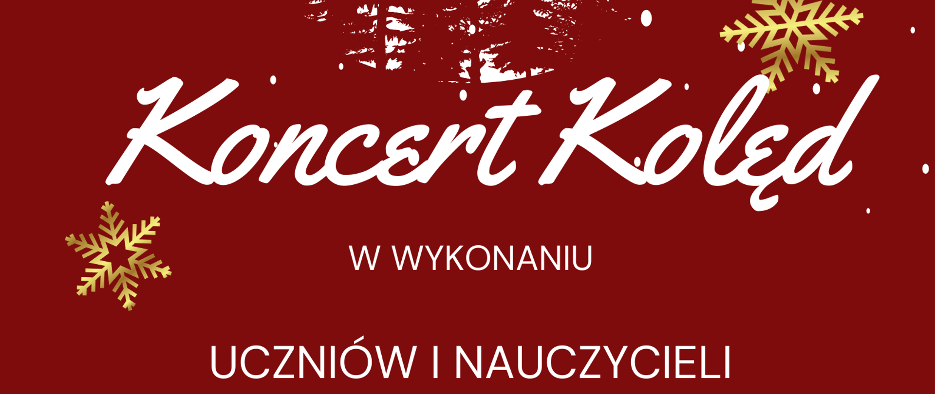 Plakat zawierający informacje o wydarzeniu - Koncert kolęd. Koncert odbędzie się 10-11 stycznia 2023 r. Na plakacie umiejscowione są grafiki śnieżynek, choinka, Św. Mikołaja z reniferami pełniącymi rolę dekoracji. Dominują barwy biało-czerwone. Na samej górze jest nagłówek informujący o roku jubileuszowym szkoły - 40 - leciu powstania placówki. 