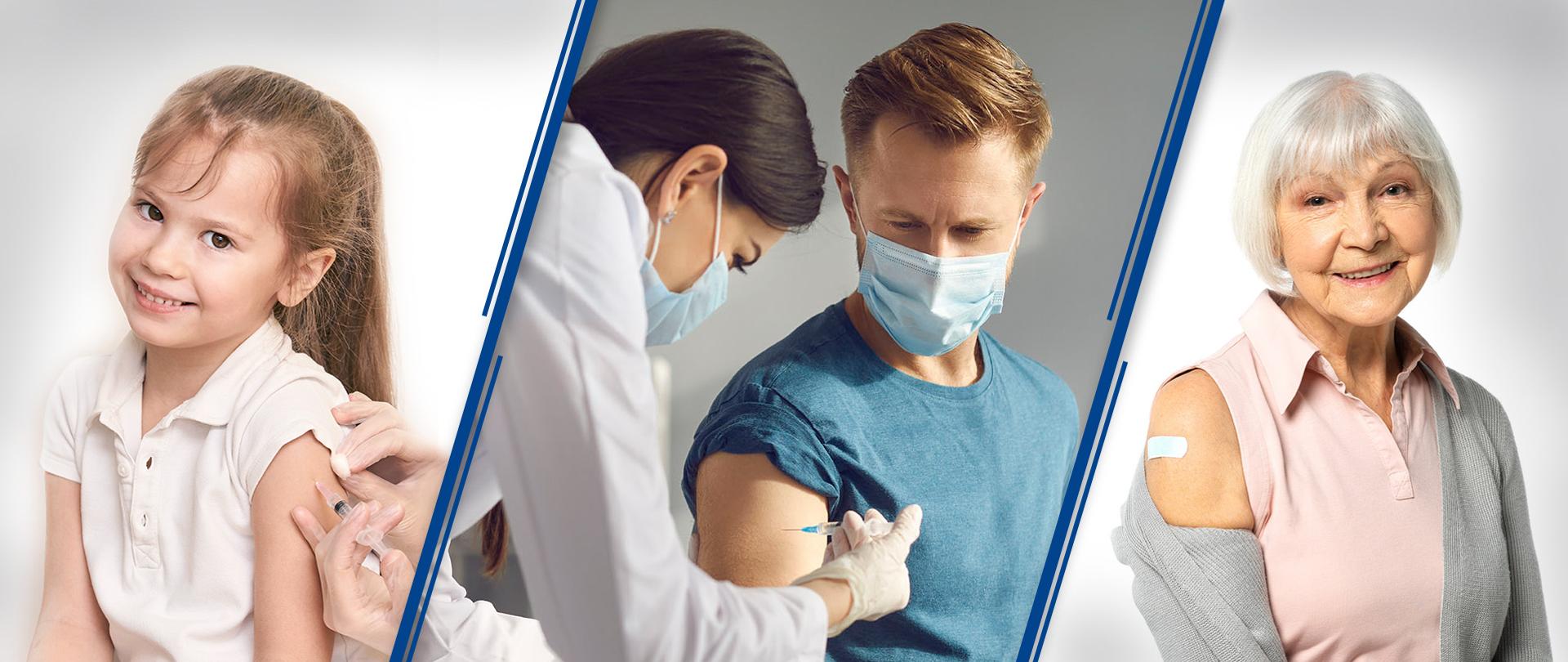 Zdjęcie trzech osób w różnym wieku - dziecko, dorosły i senior przedstawionych w trakcie szczepienia. 