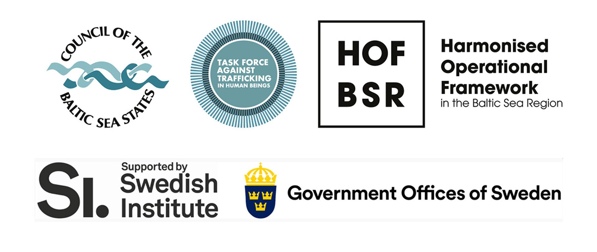 Na zdjęciu loga następujących podmiotów: Council of the Baltic Sea States, Task Force Against Trafficking in Human Beings, HOF BSR, Harmonised Operational Franework in the Baltic Sea Region, SI. Supported by Swedish Institute, Governmaent Offices of Sweden 