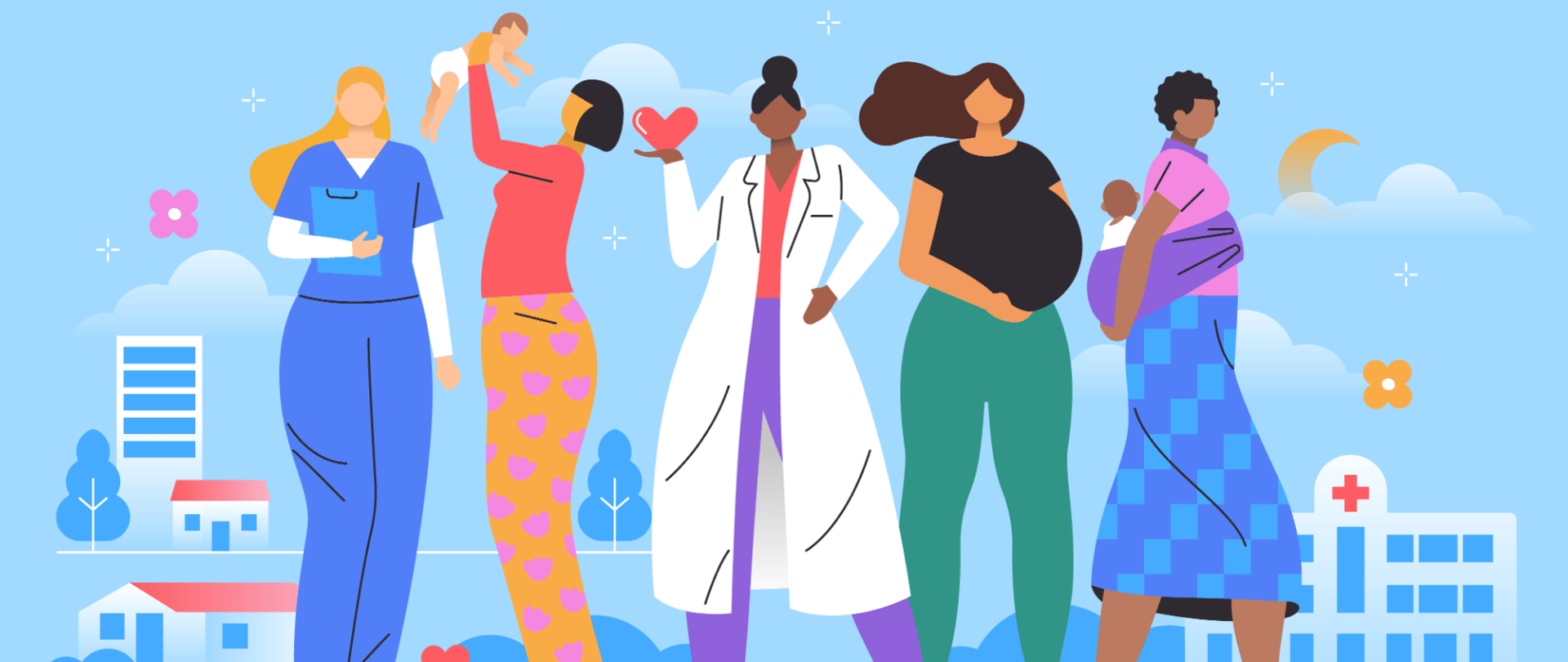 Grafika przedstawiająca 5 kobiet na niebieskim tle, w oddali widnieją szpital i domy.