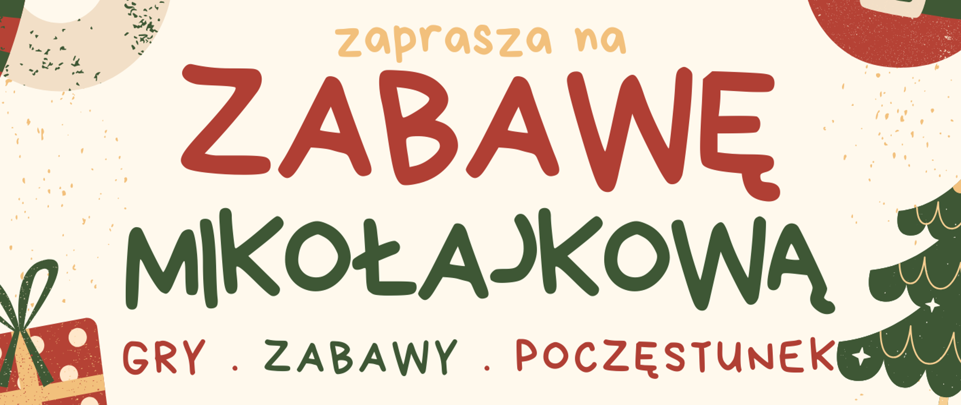 Plakat w beżowym kolorze, przedstawiający w ramce, bałwanki, bombki, choinki i cukierki świąteczne. W tle, na środku od góry znajdują się napisy: "Rada Rodziców i Samorząd Uczniowski zaprasza na zabawę mikołajkową, gry-zabawy-poczęstunek, dla wszystkich dzieci naszej szkoły; piątek, 5 grudnia 2025 r., godz. 18.15 - 19.15, aula PSM".