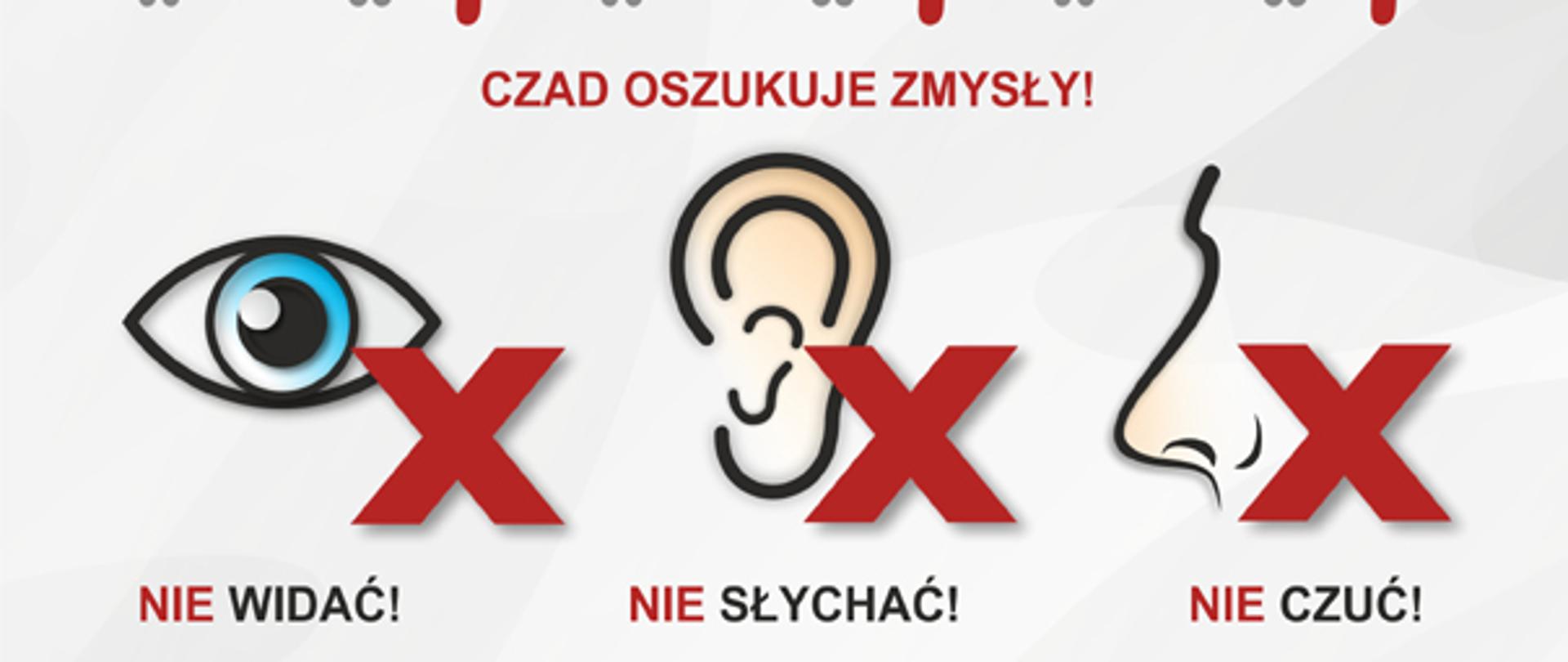 Infografika do kompani czujka na straży Twojego bezpieczeństwa. Ilustrację informują o tym, że tlenek węgla zwany potocznie czadem jest nie wyczuwalny dla zmysłów człowieka. Grafika wskazuje też na najczęstsze przyczyny powstawania czadu w naszych domach. Są to: niesprawne kominki, piece gazowe, zatkane otwory wentylacyjne.