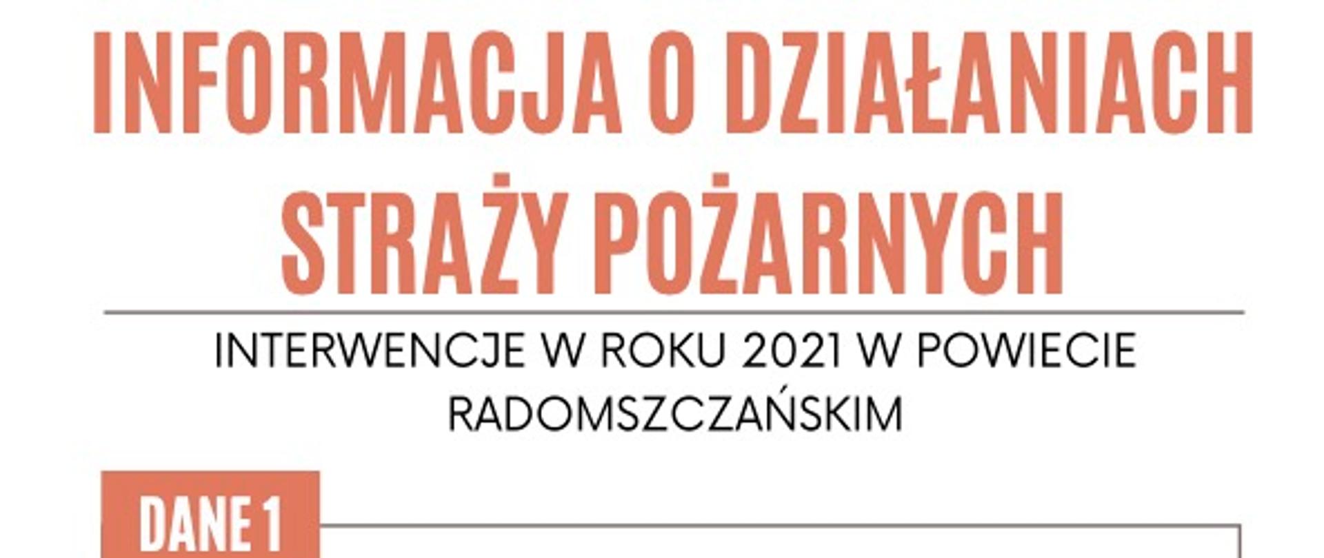 Statystyka interwencji w roku 2021 w powiecie radomszczańskim w formie kolorowych wykresów, kolumn, rysunków, słupków matematycznych z podziałem na różne dane.