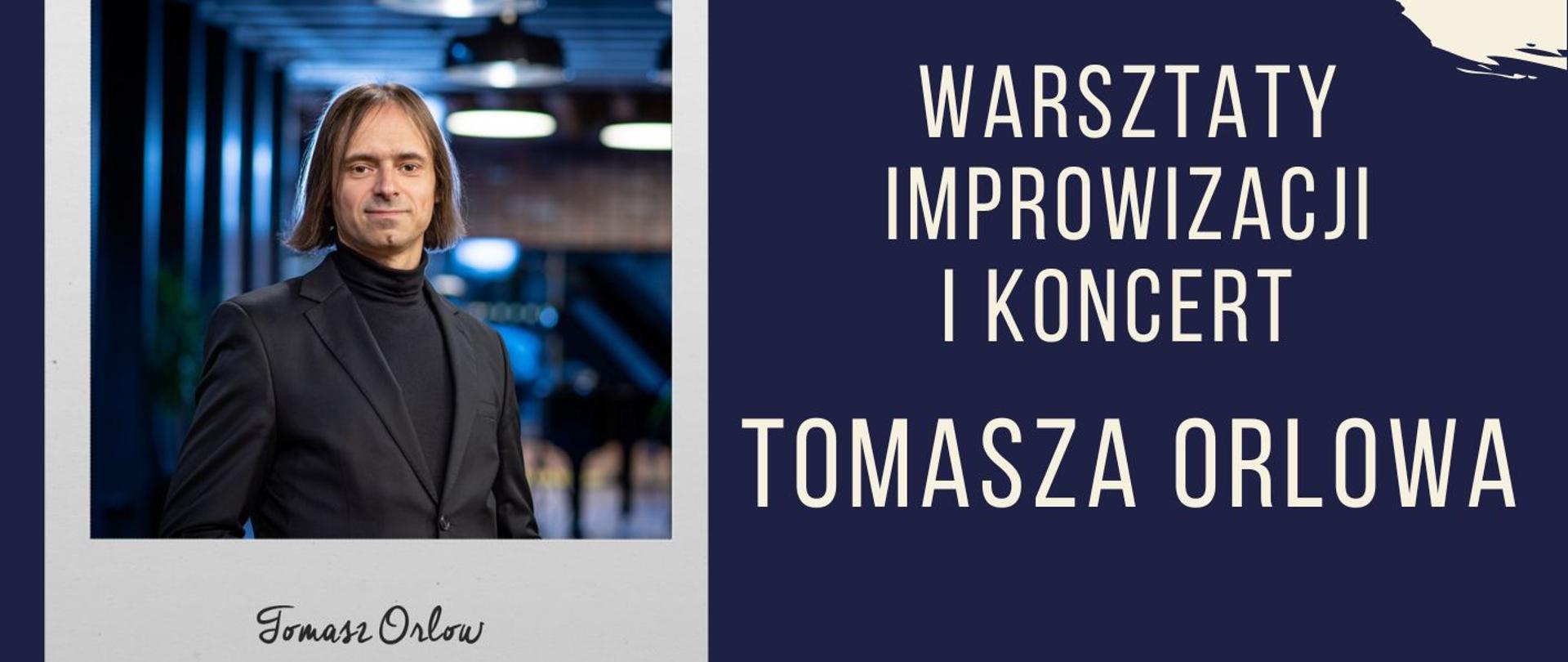 Plakat na granatowym tle z białymi i żółtymi napisami. Po lewej zdjęcie mężczyzny, na górze logo szkoły. W tle białe i żółte kształty geometryczne.