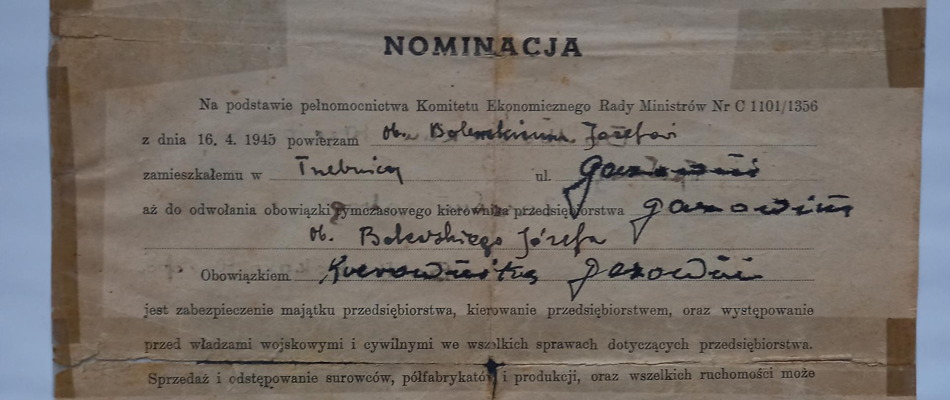 Nominacja Józefa Bolewskiego na p.o. kierownika gazowni