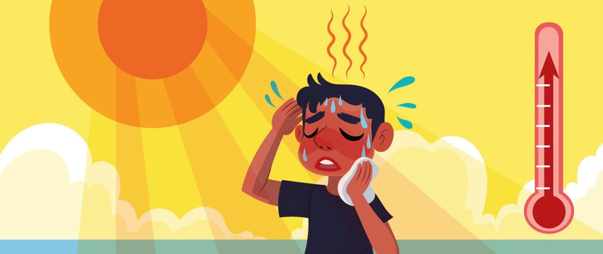 Chłopiec ocierający pot chusteczką i wachlujący się ręką, świecące mocno słońce i termometr z czerwona strzałką