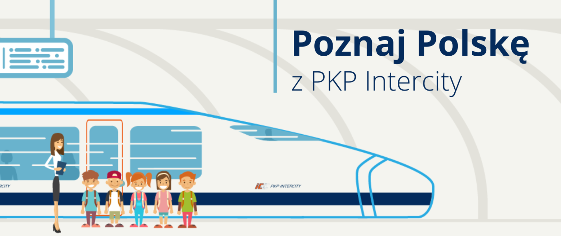 Grafika - na białym tle niebieski dziób szybkiego pociągu, grupka dzieci i napis Poznaj Polskę z PKP Intercity.