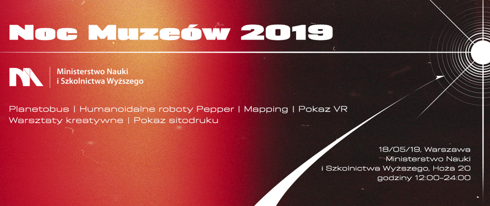 Grafika z napisem Noc Muzeów 2019 na czerwono-czarnym tle
