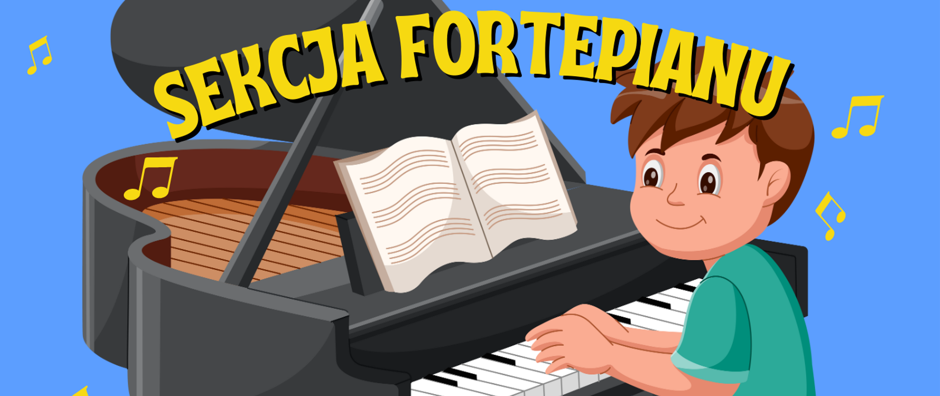 Grafika z błękitnym tłem, z umieszczonym na środku rysunkiem dziecka grającego na fortepianie. W grafice znajdują się napisy: "Koncert klas pierwszych - sekcja fortepianu. 13 czerwca 2024 r., godz. 16.00, aula szkoły".