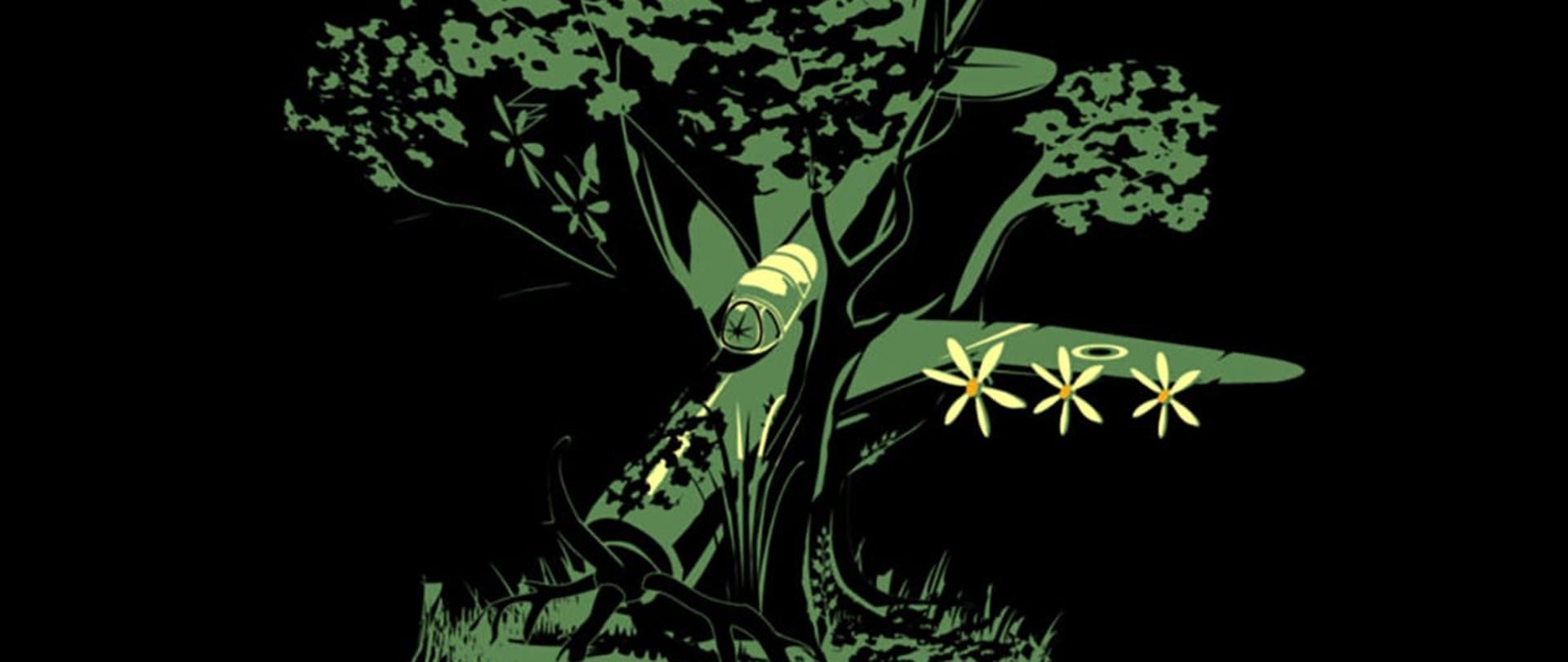 Grafika przedstawiająca samolot w drzewie; obiekty przedstawione głównie jednym kolorem (zieleń) na ciemnym tle.