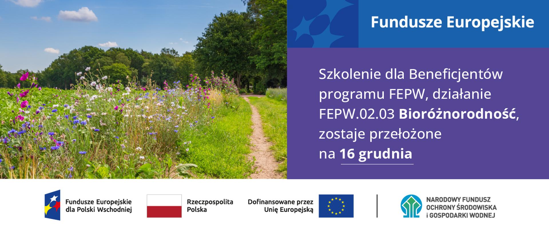 Grafika ilustracyjna. Fundusze Europejskie. Zmiana terminu szkolenia. W stopce planszy ciąg logotypów: Fundusze Europejskie na Infrastrukturę, Klimat, Środowisko, flaga Rzeczypospolita Polska, flaga UE Dofinansowane przez Unię Europejską, logo NFOŚiGW.