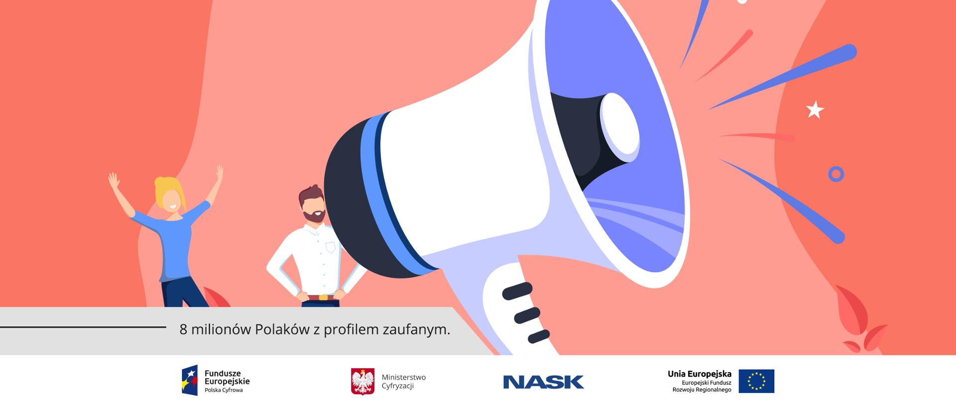 Grafika wektorowa - a na pierwszym planie megafon. Na drugim, z lewej strony - dwie cieszące się osoby.