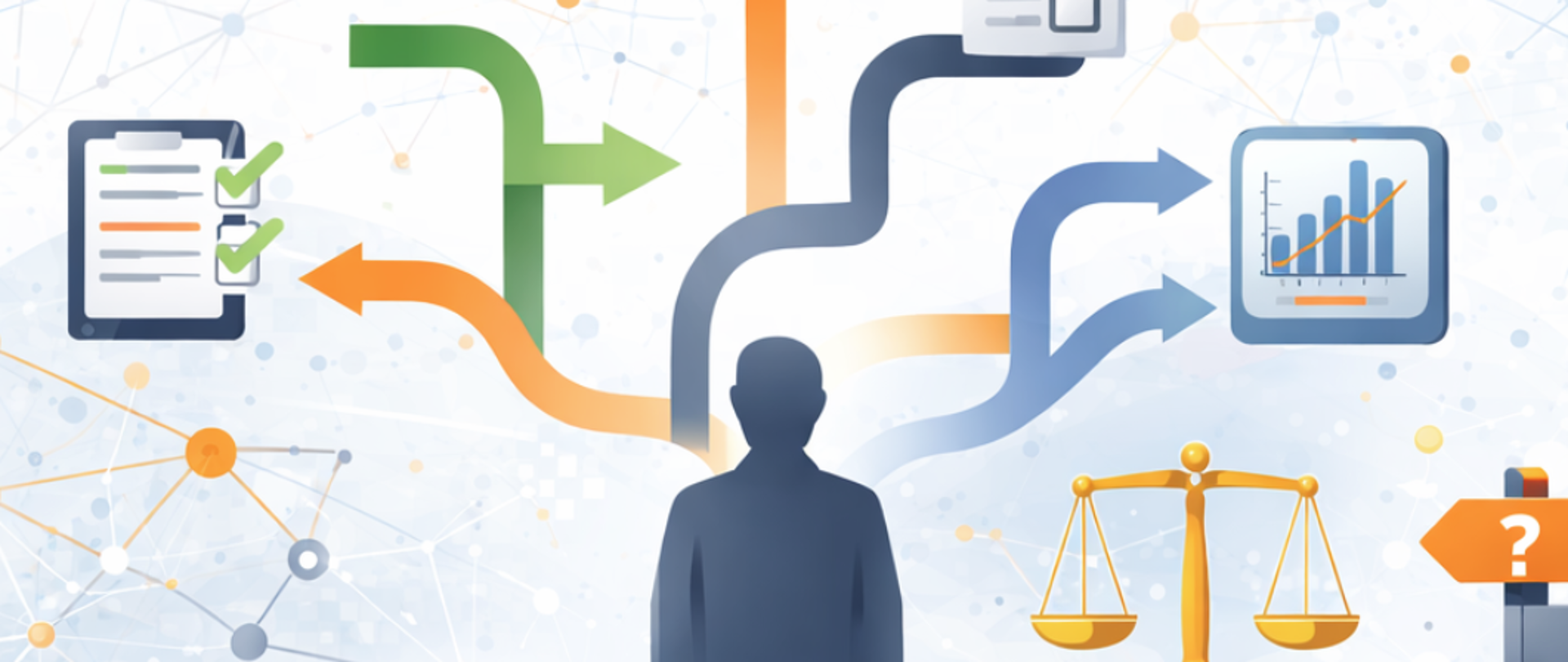 Schemat ilustrujący proces wielokryterialnego podejmowania decyzji: sylwetka człowieka, od której odchodzą strzałki prowadzące do list kontrolnych, wykresu wyników oraz wagi symbolizującej ocenę i porównywanie kryteriów.